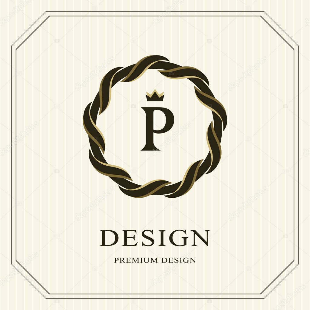 Abstract Monogram round template. Linear seamless pattern. Modern elegant luxury logo design. Letter emblem P, crown. Fashion universal label for Royalty, company, business card. Vector illustration