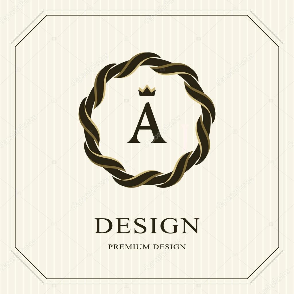 Abstract Monogram round template. Linear seamless pattern. Modern elegant luxury logo design. Letter emblem A, crown. Fashion universal label for Royalty, company, business card. Vector illustration