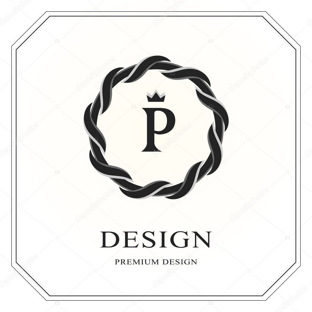 Abstract Monogram round template. Modern elegant luxury logo design. Letter emblem P crown. Mark of distinction. Fashion universal label for Royalty, company, business card, badge. Vector illustration
