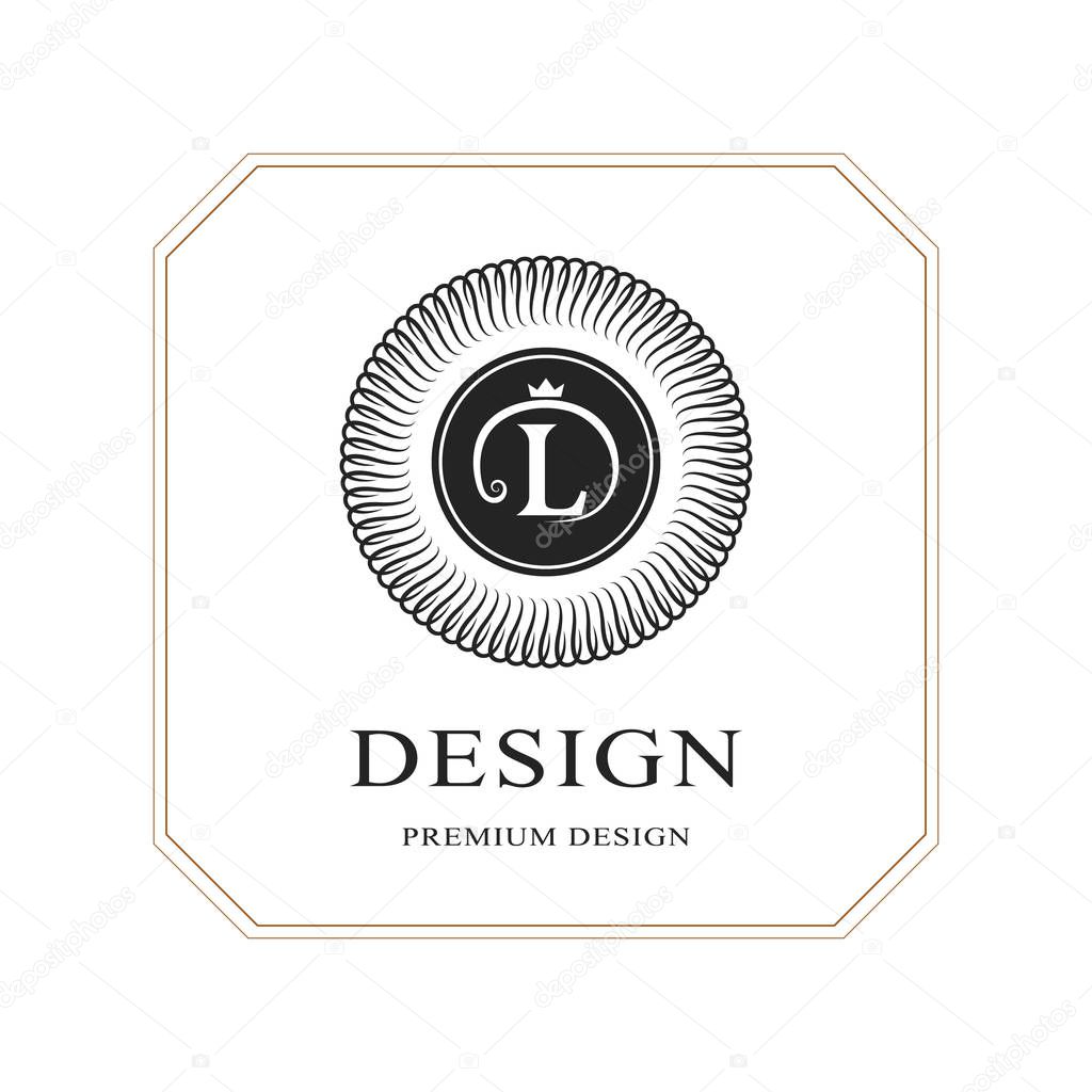 Abstract Monogram round template. Modern elegant luxury logo design. Letter emblem L crown. Mark of distinction. Fashion universal label for Royalty, company, business card, badge. Vector illustration