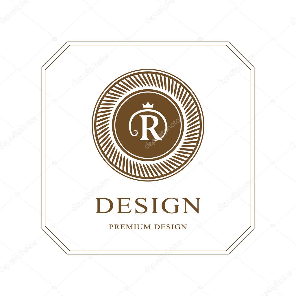 Abstract Monogram round template. Modern elegant luxury logo design. Letter emblem R crown. Mark of distinction. Fashion universal label for Royalty, company, business card, badge. Vector illustration