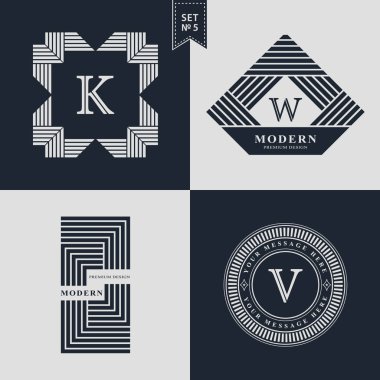 Logo tasarım şablonları kümesi. Logotype öğeleri koleksiyonu, simgeleri simgeleri, Retro etiketleri, rozetleri, siluetleri. Soyut logosu, mektup K, W, V Amblemler. Sigorta primi koleksiyonu. Vektör çizim