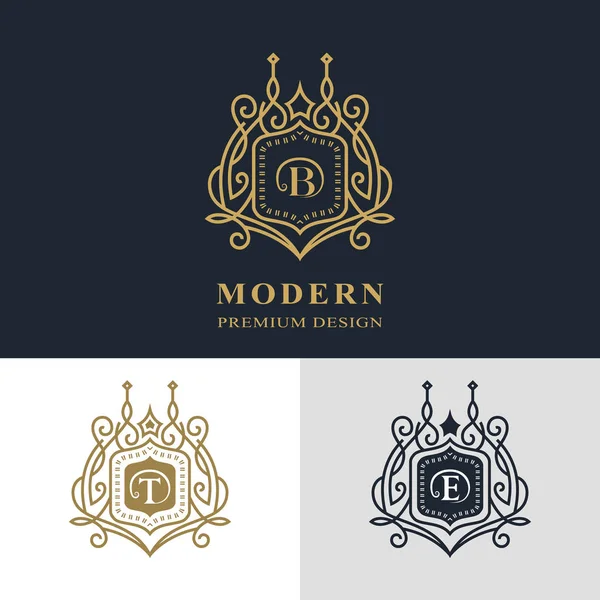 Monogram elementów projektu, szablon wdzięku. Projektowanie logo sztuki kaligrafii eleganckiej linii. List emblemat znak B, T, E dla Royalty, wizytówki, Boutique Hotel, Heraldic, biżuteria. Ilustracja wektorowa — Wektor stockowy