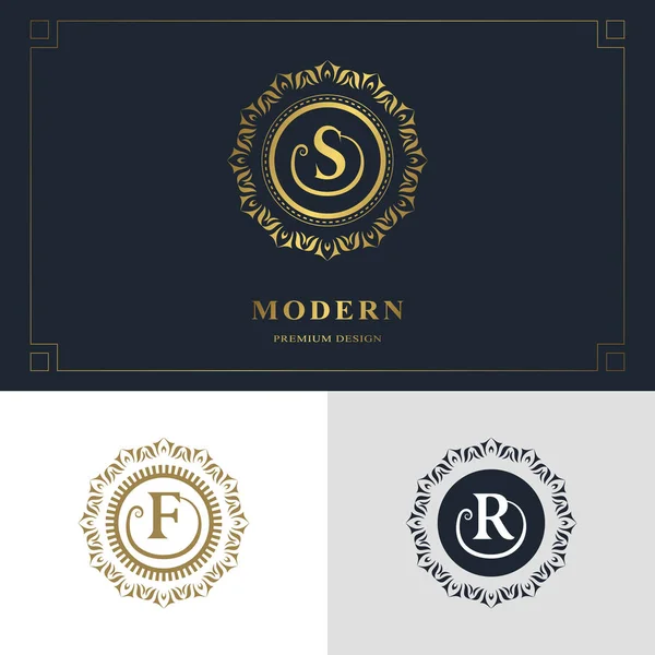 Monogram designelement, graciösa mall. Kalligrafiska elegant linje konst Logotypdesign. Brev emblem skylt S, F, R för kungligheter, visitkort, heraldiska, smycken, Boutique Hotel. Vektorillustration — Stock vektor