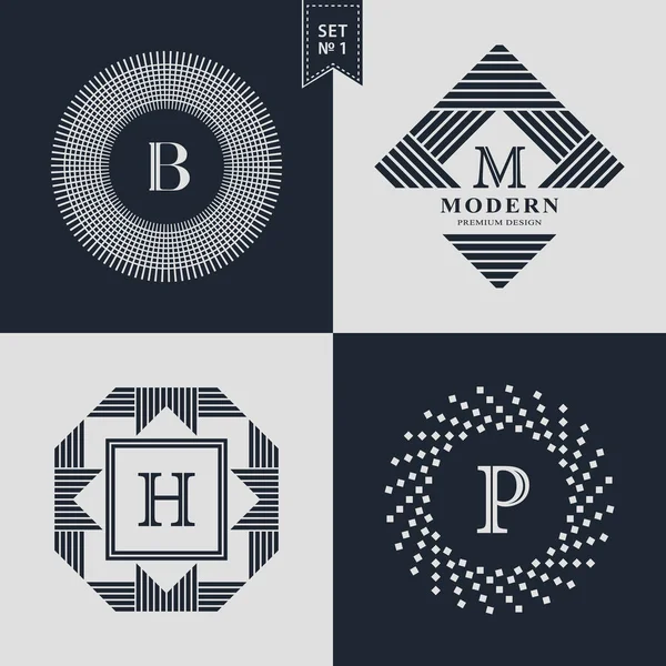 Logotyper Design mallar Set. Logotyper element insamling, ikoner symboler, Retro etiketter, märken, silhuetter. Abstrakta logotypen, bokstaven B, M, H, P emblem. Premium Collection. Vektorillustration — Stock vektor