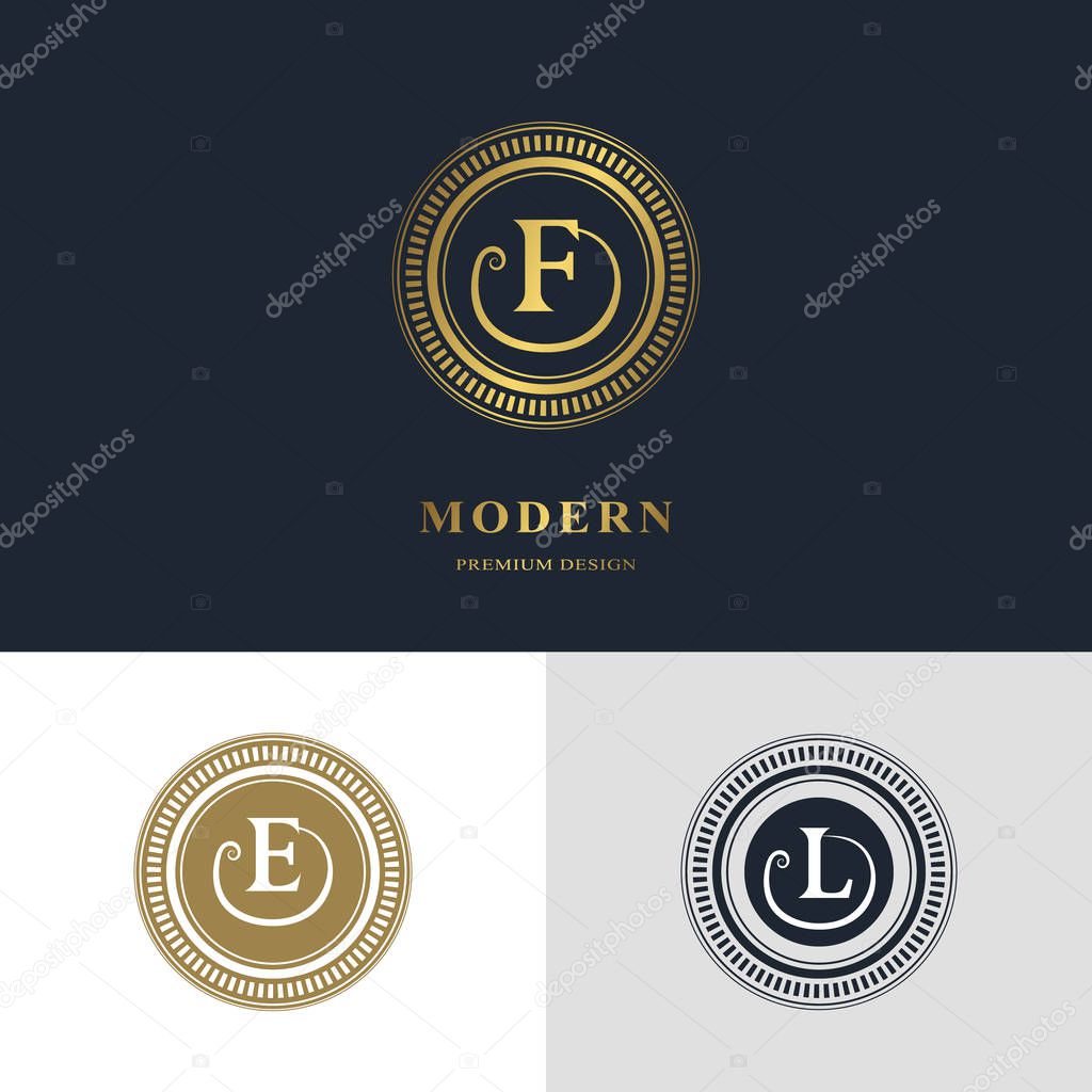 Monogram design elements, graceful template. Calligraphic elegant line art logo design. Letter emblem sign F, E, L for Royalty, business card, Boutique, Hotel, Heraldic, Jewelry. Vector illustration