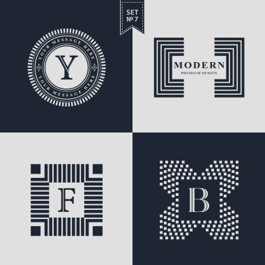 Logo tasarım şablonları kümesi. Logotype öğeleri koleksiyonu, simgeleri simgeleri, Retro etiketleri, rozetleri, siluetleri. Soyut logosu, mektup Y, F, B Amblemler. Sigorta primi koleksiyonu. Vektör çizim