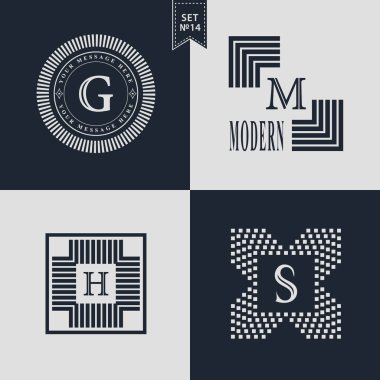 Logo tasarım şablonları kümesi. Logotype öğeleri koleksiyonu, simgeleri simgeleri, Retro etiketleri, rozetleri, siluetleri. Soyut logosu, mektup G, M, H, S Amblemler. Sigorta primi koleksiyonu. Vektör çizim