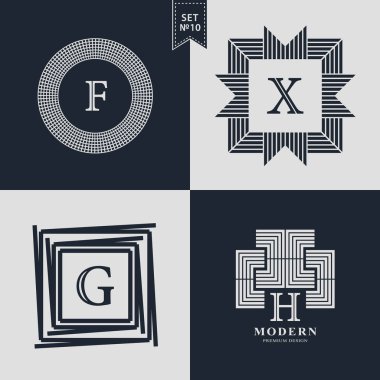 Logo tasarım şablonları kümesi. Logotype öğeleri koleksiyonu, simgeleri simgeleri, Retro etiketleri, rozetleri, siluetleri. Soyut logosu, mektup, X, G, H Amblemler. Sigorta primi koleksiyonu. Vektör çizim