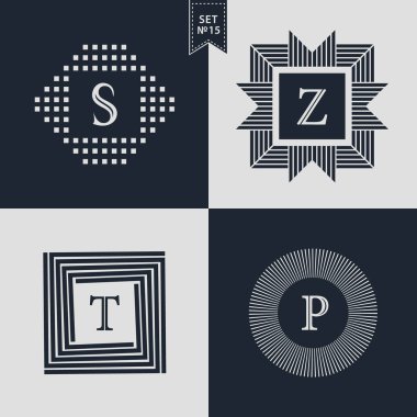Logo tasarım şablonları kümesi. Logotype öğeleri koleksiyonu, simgeleri simgeleri, Retro etiketleri, rozetleri, siluetleri. Soyut logosu, harf S, Z, T, P Amblemler. Sigorta primi koleksiyonu. Vektör çizim