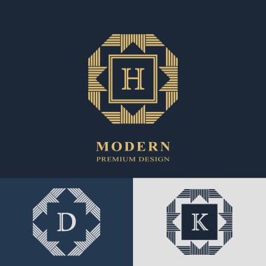 Modern logo tasarımı. Geometrik doğrusal monogram şablonu. Mektup amblemi H, D, K. Mark ayrım. Marka adı, şirket, kartvizit, evrensel iş işareti rozet. Vektör çizim