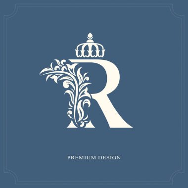 Elegant letter R with a crown. Graceful royal style. Calligraphic beautiful logo. Vintage drawn emblem for book design, brand name, business card, Restaurant, Boutique, Hotel. Vector illustration clipart