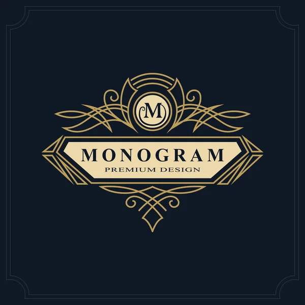 Diseño de lujo de monograma de arte de línea, plantilla elegante. Caligrafía elegante hermoso logotipo. Letra emblema M de Royalty, Restaurante, Boutique, Hotel, Heráldico, Joyas. Ilustración vectorial — Vector de stock