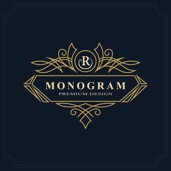 Linha de arte Monograma design de luxo, modelo gracioso. Caligráfico elegante logotipo bonito. Carta emblema sinal R para Royalty, Restaurante, Boutique, Hotel, Heráldico, Jóias. Ilustração vetorial —  Vetores de Stock