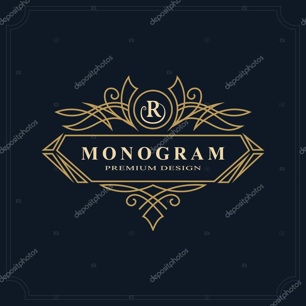 Line art Monogram luxury design, graceful template. Calligraphic elegant beautiful logo. Letter emblem sign R for Royalty, Restaurant, Boutique, Hotel, Heraldic, Jewelry. Vector illustration
