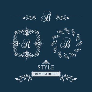 Dekoratif çiçek Vintage Monogram. Kaligrafi Logo şablonlar kümesi. Harf amblemi sign R, b tasarım sayfa. Grafik lüks çerçeve, sınır. çıkartmalar, tabela, Etiketler, kartları. Vektör çizim