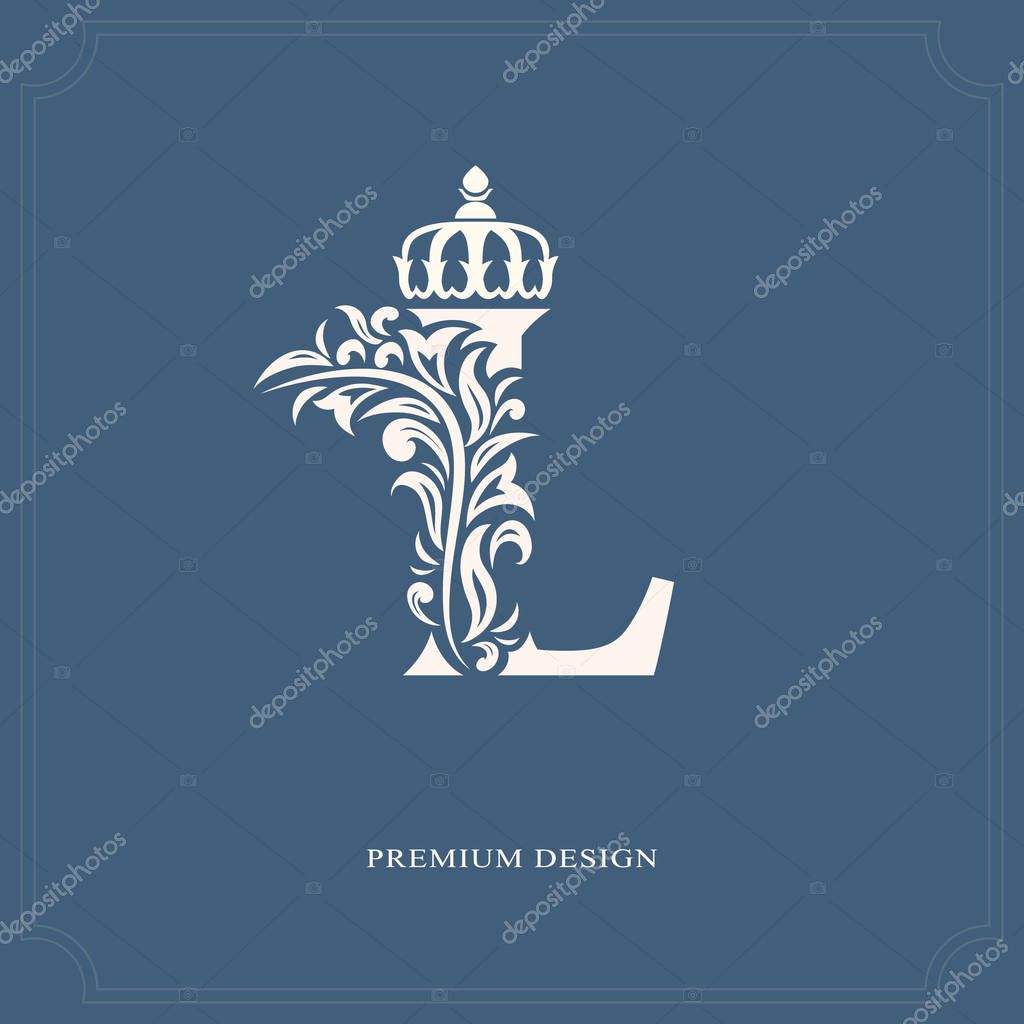 Elegant letter L with a crown. Graceful royal style. Calligraphic beautiful logo. Vintage drawn emblem for book design, brand name, business card, Restaurant, Boutique, Hotel. Vector illustration