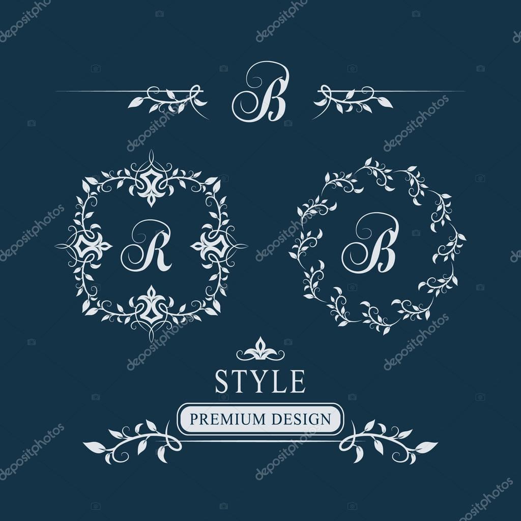 Decorative Floral Vintage Monogram. Set of Calligraphic Logo Templates. Letter emblem sign R, B. Design Page. Graphic Luxury frame, border. stickers, signage, labels, cards. Vector illustration