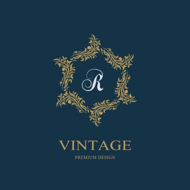 Çiçek Monogram lüks tasarım, zarif şablonu. Kaligrafi zarif güzel logo. Harf amblemi sign R Royalty, Restoran, butik, otel, Heraldic, takı. Vektör çizim
