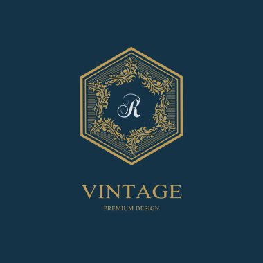 Çiçek Monogram lüks tasarım, zarif şablonu. Kaligrafi zarif güzel logo. Harf amblemi sign R Royalty, Restoran, butik, otel, Heraldic, takı. Vektör çizim