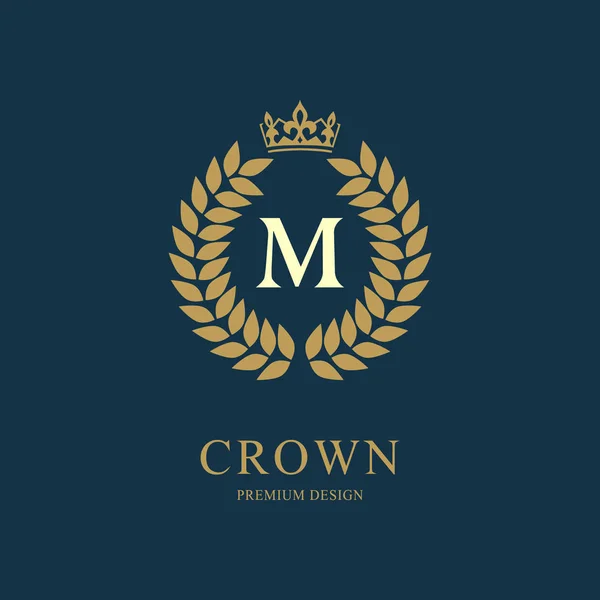 Coroana Monogram design de lux, șablon grațios. Floral elegant logo rotund frumos cu coroană. Semnul emblemei literei M pentru redevențe, restaurant, Boutique, hotel, Heraldic, bijuterii. Ilustrație vectorială — Vector de stoc