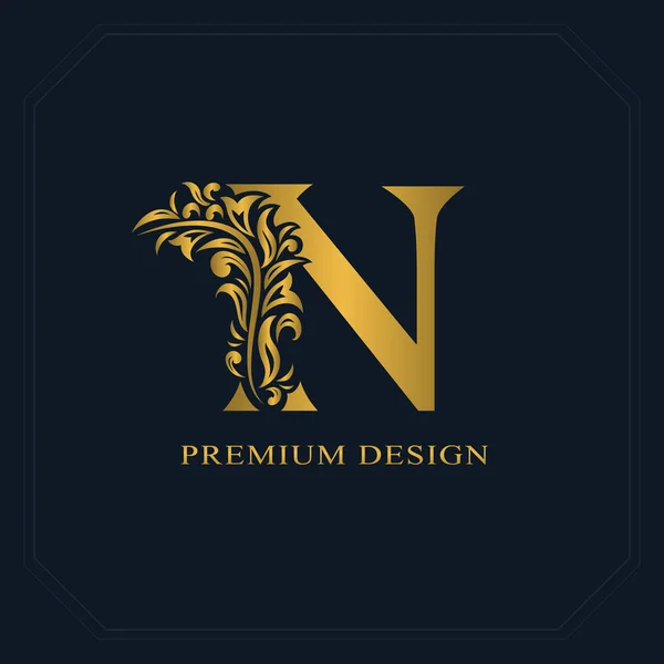 Gold Elegant letter N. Graceful style. Calligraphic beautiful logo. Vintage drawn emblem for book design, brand name, business card, Restaurant, Boutique, Hotel. Vector illustration — Stock Vector