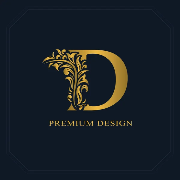 Oro Elegante letra D. Estilo elegante. Caligrafía hermoso logotipo. Emblema dibujado vintage para el diseño del libro, nombre de marca, tarjeta de visita, restaurante, boutique, hotel. Ilustración vectorial — Archivo Imágenes Vectoriales