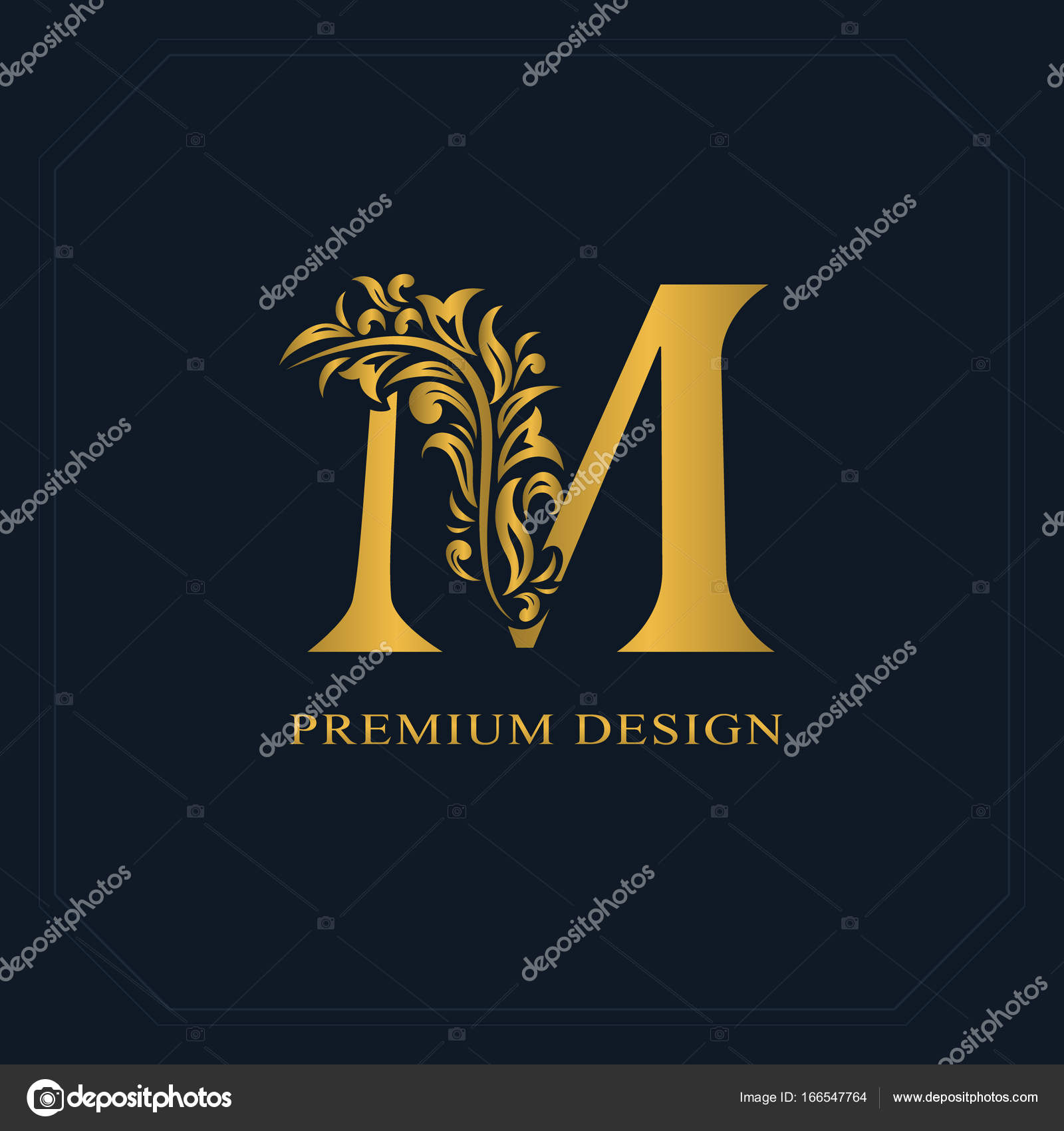 Gold Elegant letter M. Graceful style. Calligraphic