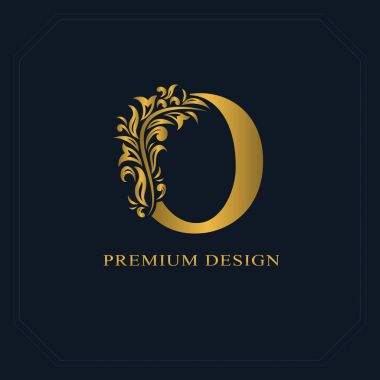 Altın zarif mektup O. Graceful tarzı. Kaligrafi güzel logo. Kitap tasarımı, marka adı, kartvizit, Restoran, butik, otel için vintage çizilmiş amblemi. Vektör çizim