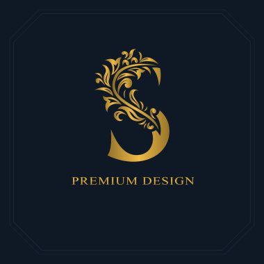Altın zarafet harfi S. Zarif stil. Güzel kaligrafik logo. Kitap tasarımı için klasik amblem, marka adı, kartvizit, restoran, butik, otel. Vektör illüstrasyonu