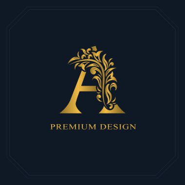 Altın zarif mektup A. Graceful tarzı. Kaligrafi güzel logo. Kitap tasarımı, marka adı, kartvizit, Restoran, butik, otel için vintage çizilmiş amblemi. Vektör çizim