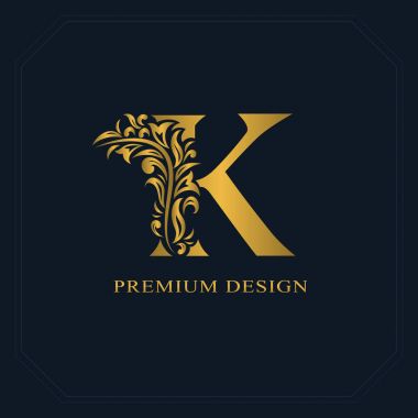 Zarif bir K harfi. Zarif bir tarz. Güzel kaligrafik logo. Kitap tasarımı için klasik amblem, marka adı, kartvizit, restoran, butik, otel. Vektör illüstrasyonu