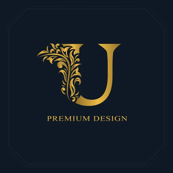 Oro Elegante letra U Estilo elegante. Caligrafía hermoso logotipo. Emblema dibujado vintage para el diseño del libro, nombre de marca, tarjeta de visita, restaurante, boutique, hotel. Ilustración vectorial —  Fotos de Stock