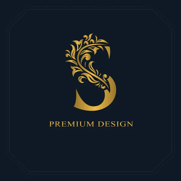 ( 영어 ) Gold Elegant letter ( 영어 ) S. graceful style. 캘리 그래픽아름다운 로고. 책 디자인, 브랜드 이름, 명함, 레스토랑, 부티크, 호텔을 위한 빈티지 그림. 벡터 일러스트 — 스톡 사진