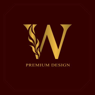 Altın zarafet harfi W. Zarif stil. Güzel kaligrafik logo. Kitap tasarımı için klasik amblem, marka adı, kartvizit, restoran, butik, otel. Vektör illüstrasyonu