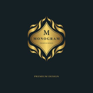 Monogram tasarım öğeleri, zarif şablonu. Kaligrafi zarif hat Sanat logo tasarımı. Lisanslı için kartvizit, arma işaret M harfi Boutique Hotel, Heraldic, takı. Vektör çizim