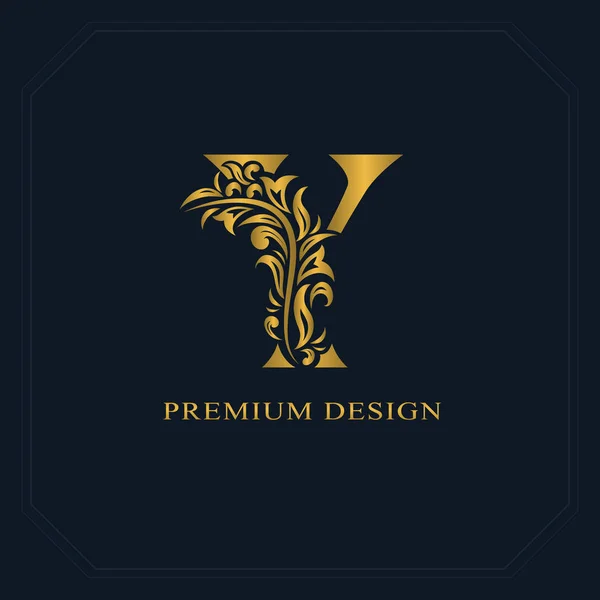 Oro Elegante letra Y. Estilo elegante. Caligrafía hermoso logotipo. Emblema dibujado vintage para el diseño del libro, nombre de marca, tarjeta de visita, restaurante, boutique, hotel. Ilustración vectorial — Vector de stock