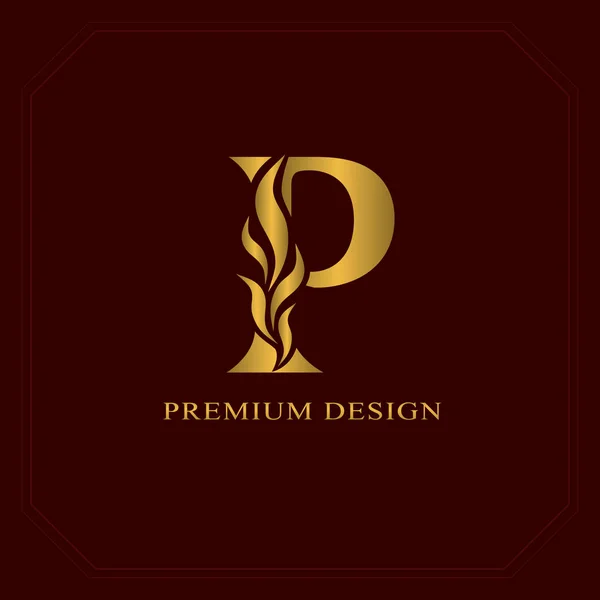 Oro Elegante letra P. Estilo elegante. Caligrafía hermoso logotipo. Emblema dibujado vintage para el diseño del libro, nombre de marca, tarjeta de visita, restaurante, boutique, hotel. Ilustración vectorial — Archivo Imágenes Vectoriales