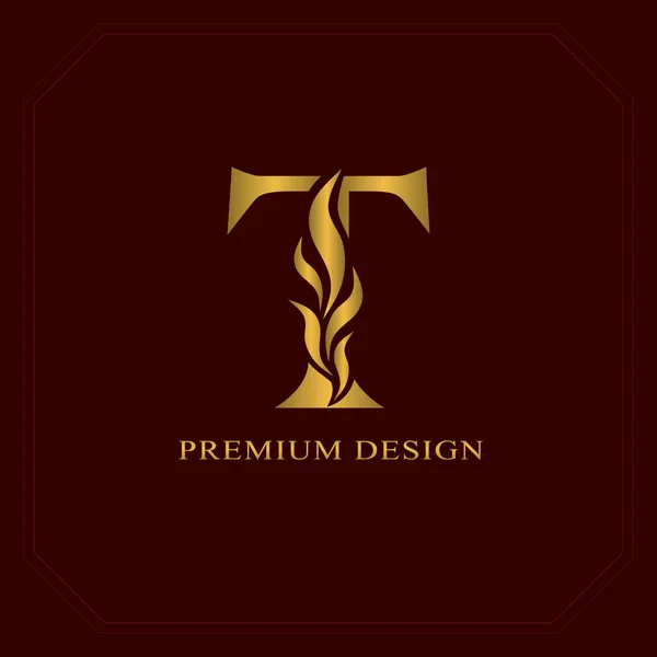 Oro Elegante letra T. Estilo elegante. Caligrafía hermoso logotipo. Emblema dibujado vintage para el diseño del libro, nombre de marca, tarjeta de visita, restaurante, boutique, hotel. Ilustración vectorial — Archivo Imágenes Vectoriales