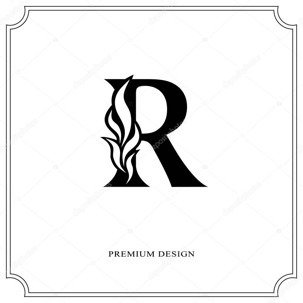 Elegant letter R. Graceful royal style. Calligraphic beautiful logo. Vintage drawn emblem for book design, brand name, business card, Restaurant, Boutique, Hotel. Vector illustration