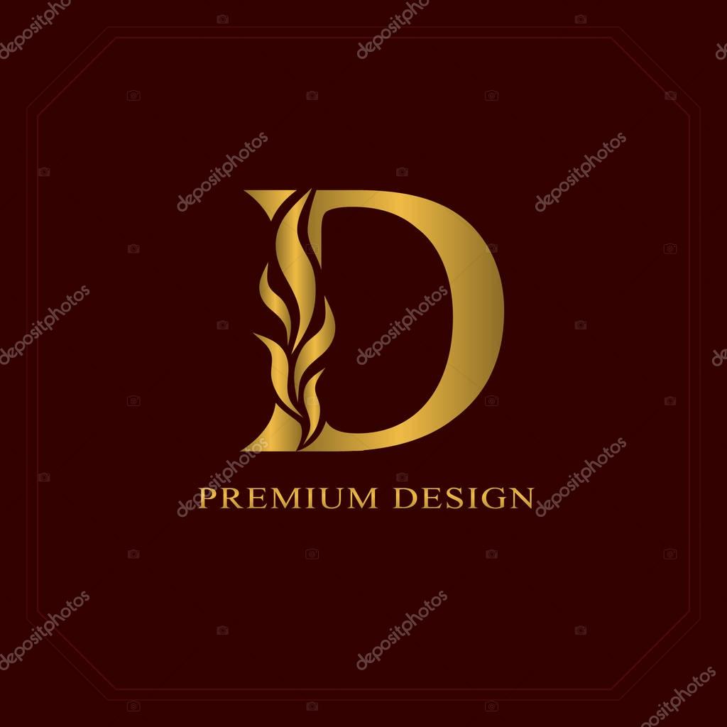 Gold Elegant letter D. Graceful style. Calligraphic beautiful logo. Vintage drawn emblem for book design, brand name, business card, Restaurant, Boutique, Hotel. Vector illustration
