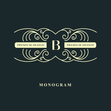 Çizgi grafik monogram. Zarif sanat logo tasarımı. Mektup B. Graceful şablonu. İş işareti, Restoran, telif, butik, kafe, otel, Heraldic, takı, moda için kimlik. Vektör öğeleri