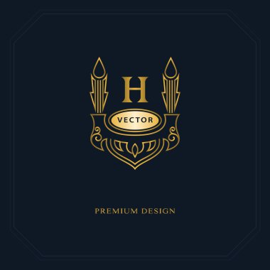 Altın çizgi grafik monogram. Zarif sanat logo tasarımı. Mektup H. Graceful şablonu. İş işareti, Restoran, telif, butik, kafe, otel, Heraldic, takı, moda için kimlik. Vektör öğeleri