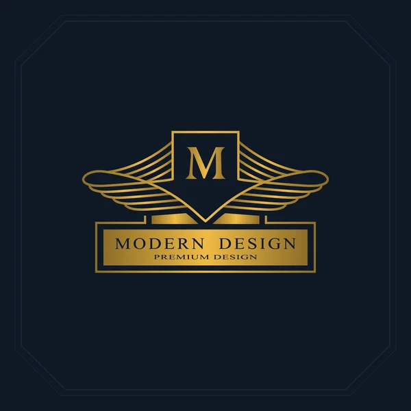 Gold Line grafik monogram. Elegant konst Logotypdesign. M. Graceful brevmall. Business tecken, identitet för restaurang, Royalty, Boutique, Cafe, hotell, heraldiska, smycken, mode. Vector-element — Stock vektor