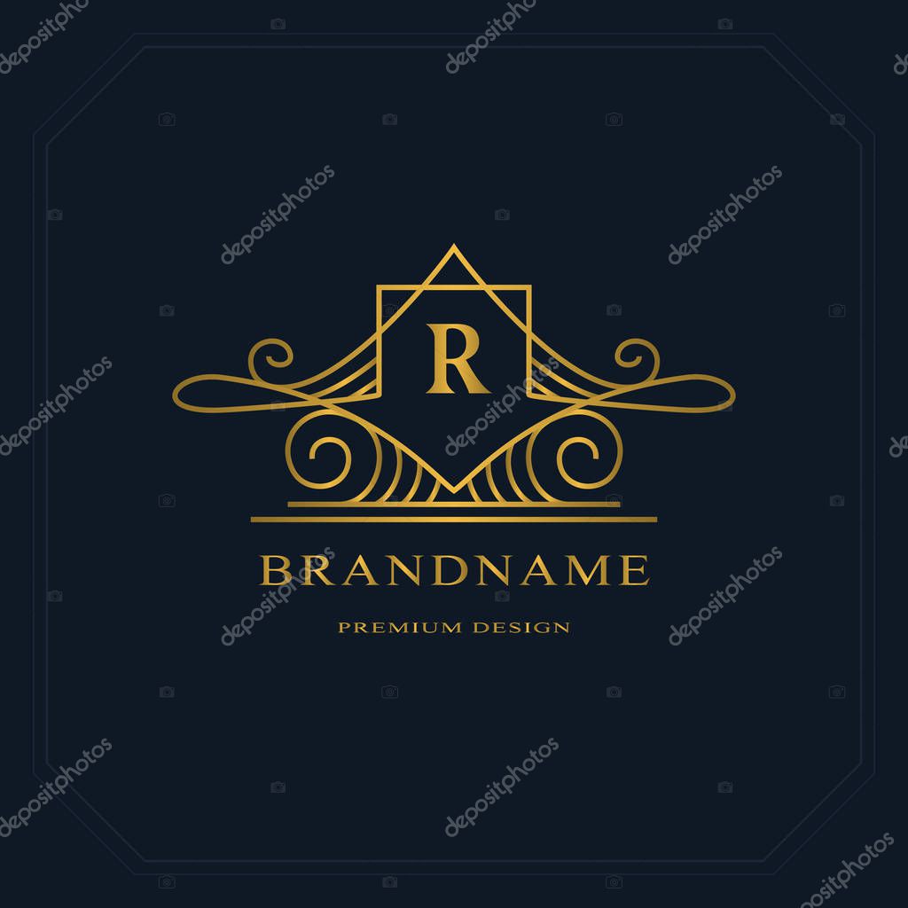 Gold Line graphics monogram. Elegant art logo design. Letter R. Graceful template. Business sign, identity for Restaurant, Royalty, Boutique, Cafe, Hotel, Heraldic, Jewelry, Fashion. Vector elements