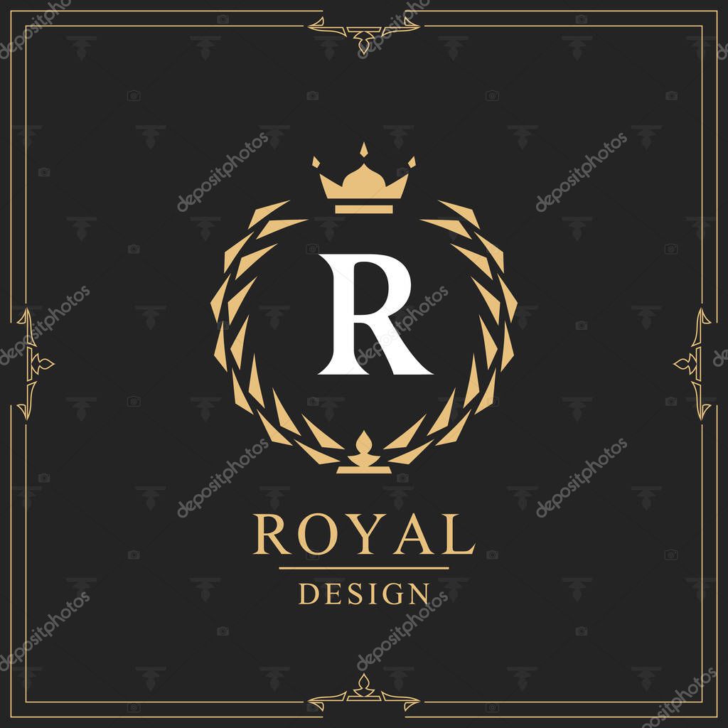 Coat of Arms. Initial Letter R. Heraldic Royal Frame with Crown. Abstract Laurel Wreath. Simple Classic Emblem. Round Composition. Graphics Style. Art Elements for Logo Design. Vector Illustration