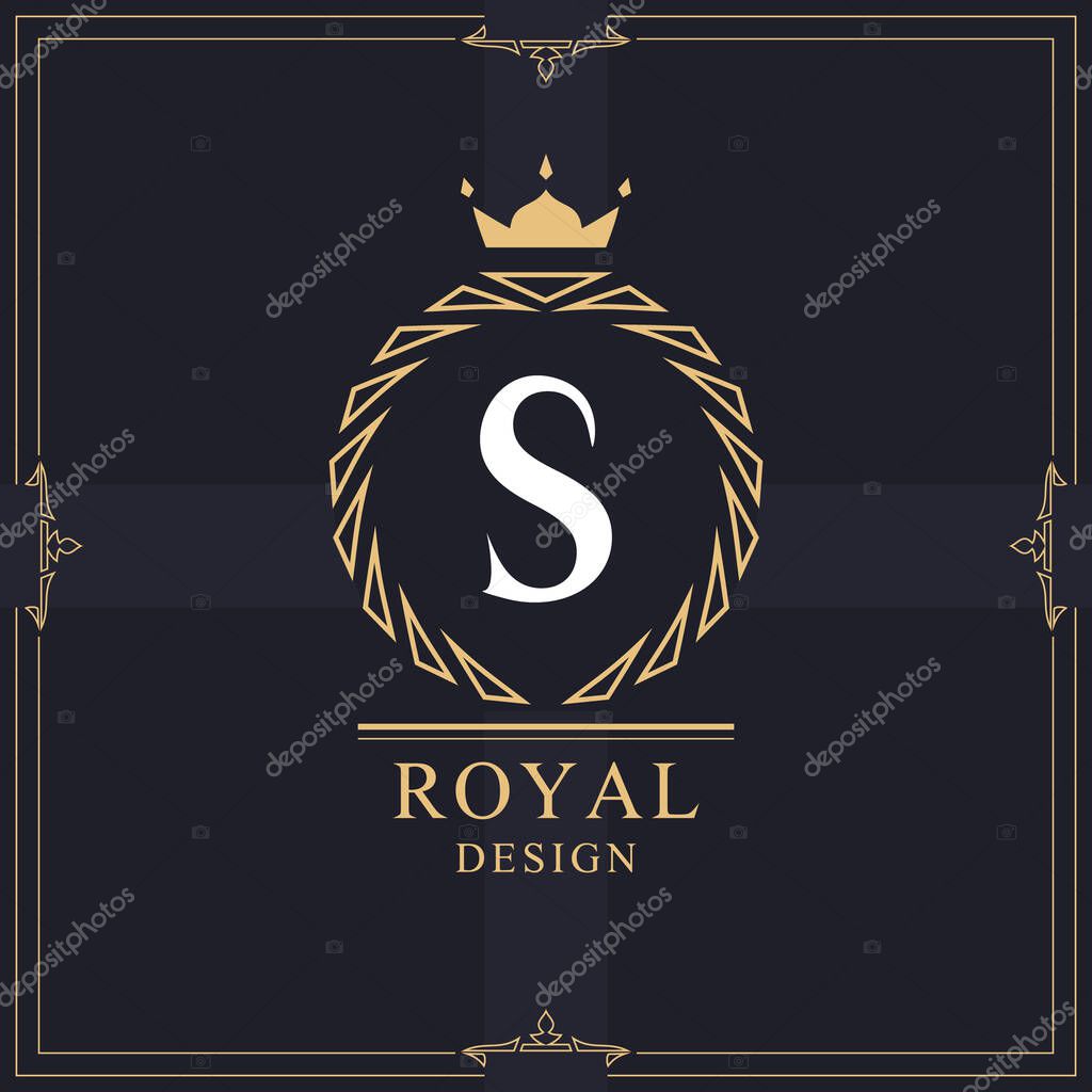 Coat of Arms. Initial Letter S. Heraldic Royal Frame with Crown. Abstract Laurel Wreath. Simple Classic Emblem. Round Composition. Graphics Style. Art Elements for Logo Design. Vector Illustration