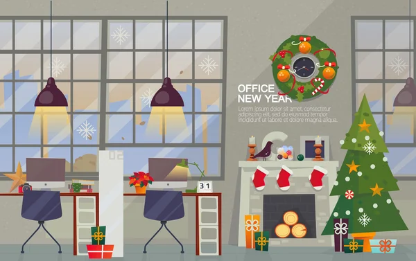 Ufficio moderno Interno Posto di lavoro con decorazioni per il nuovo anno . — Vettoriale Stock