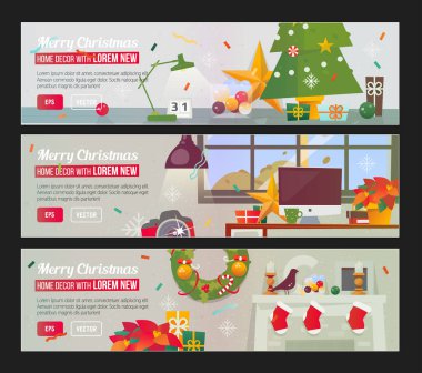 Mutlu Noeller ve mutlu yeni yıl dekor iç ile vektör yatay Banner ayarla.