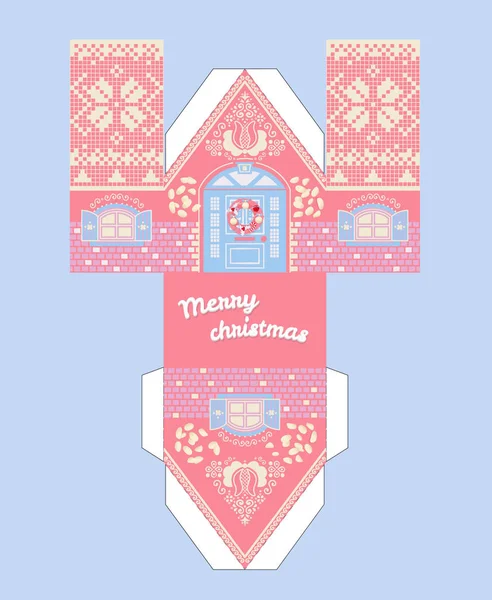 Vector Pink Gingerbread House Template. Carino regalo stampabile con elementi di smalto natalizio . — Vettoriale Stock